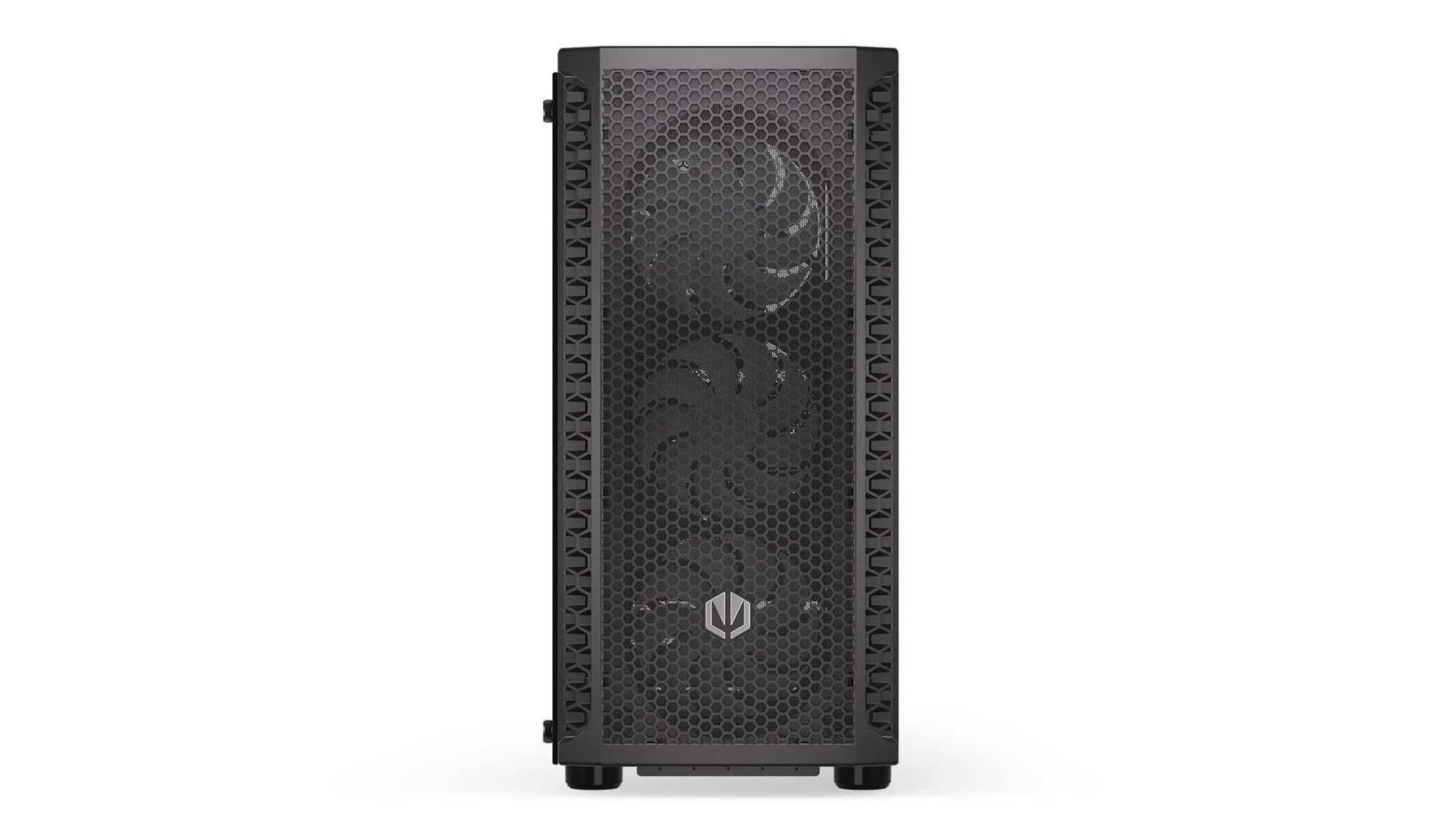 Czarna obudowa komputera z przednim panelem z siatki. Przedni panel zawiera logo.