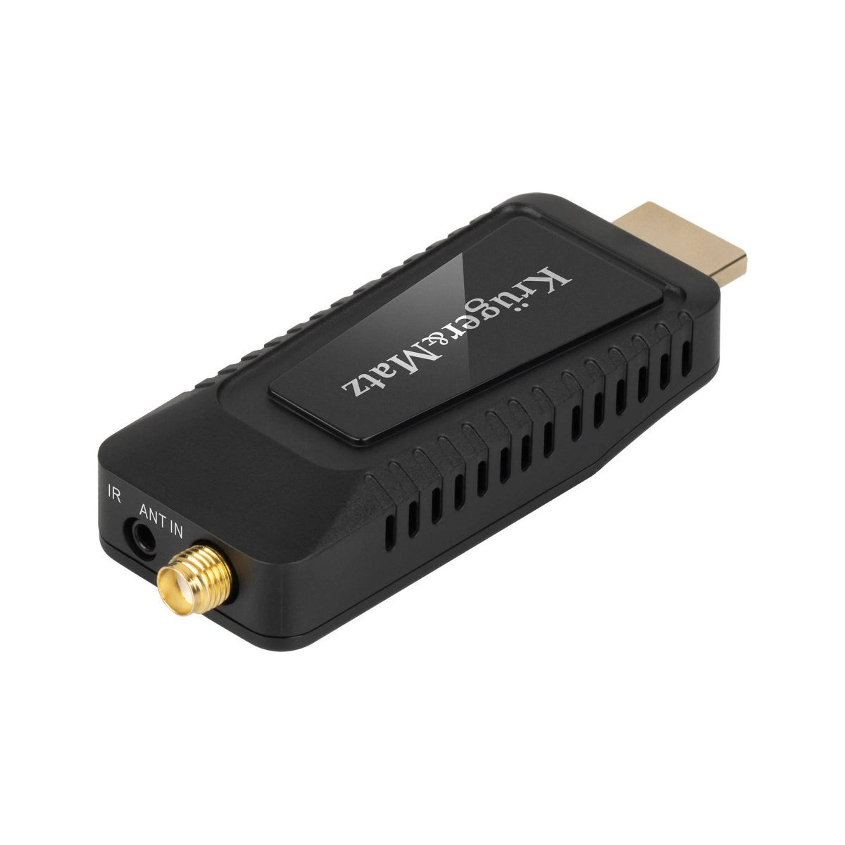 Ein schwarzer Kruger&Matz HDMI-Dongle mit Antennenanschluss und Goldstecker.