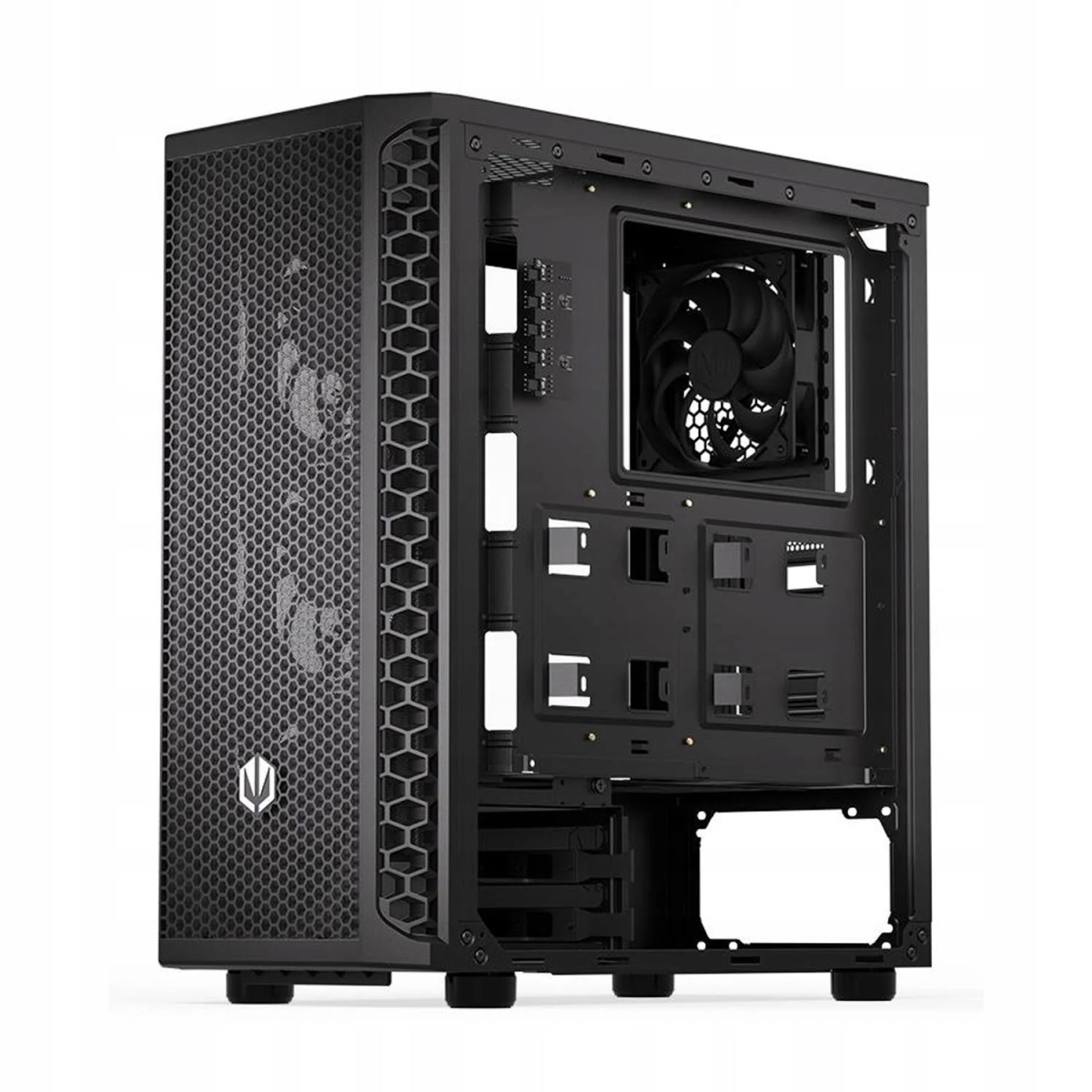Czarna obudowa komputera z otwartym przodem i bocznym panelem o strukturze plastra miodu.
