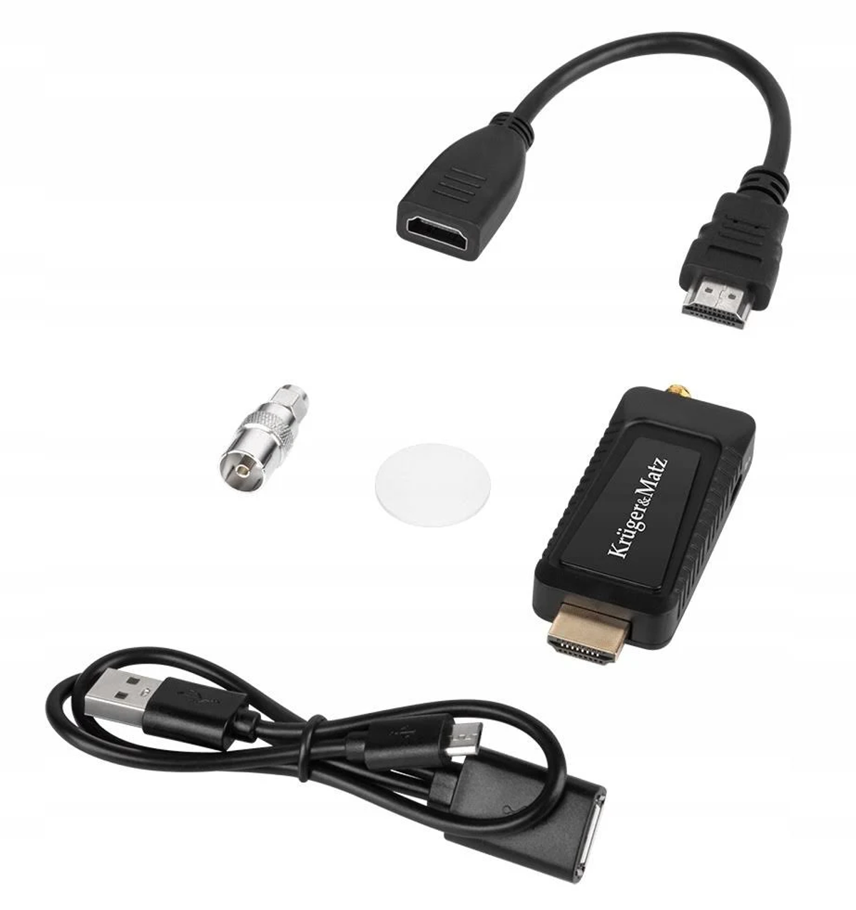 Verschiedene schwarze Adapter und Kabel. Enthält HDMI, USB und einen Koaxialadapter.