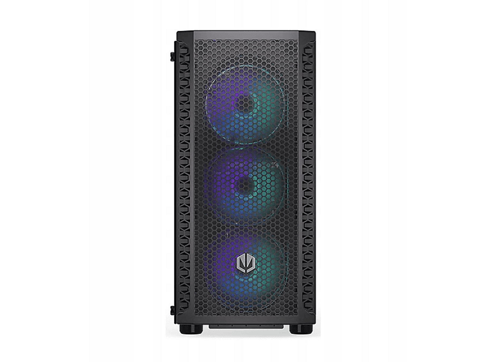 Czarna obudowa komputera z trzema podświetlanymi wentylatorami. Wentylatory świecą na fioletowo, zielono i niebiesko.