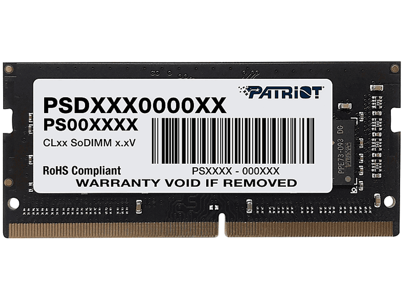 Pamięć RAM Patriot z etykietą pokazującą specyfikacje. Tekst: PSDXXX0000XX, CLxx SoDIMM x.xV.