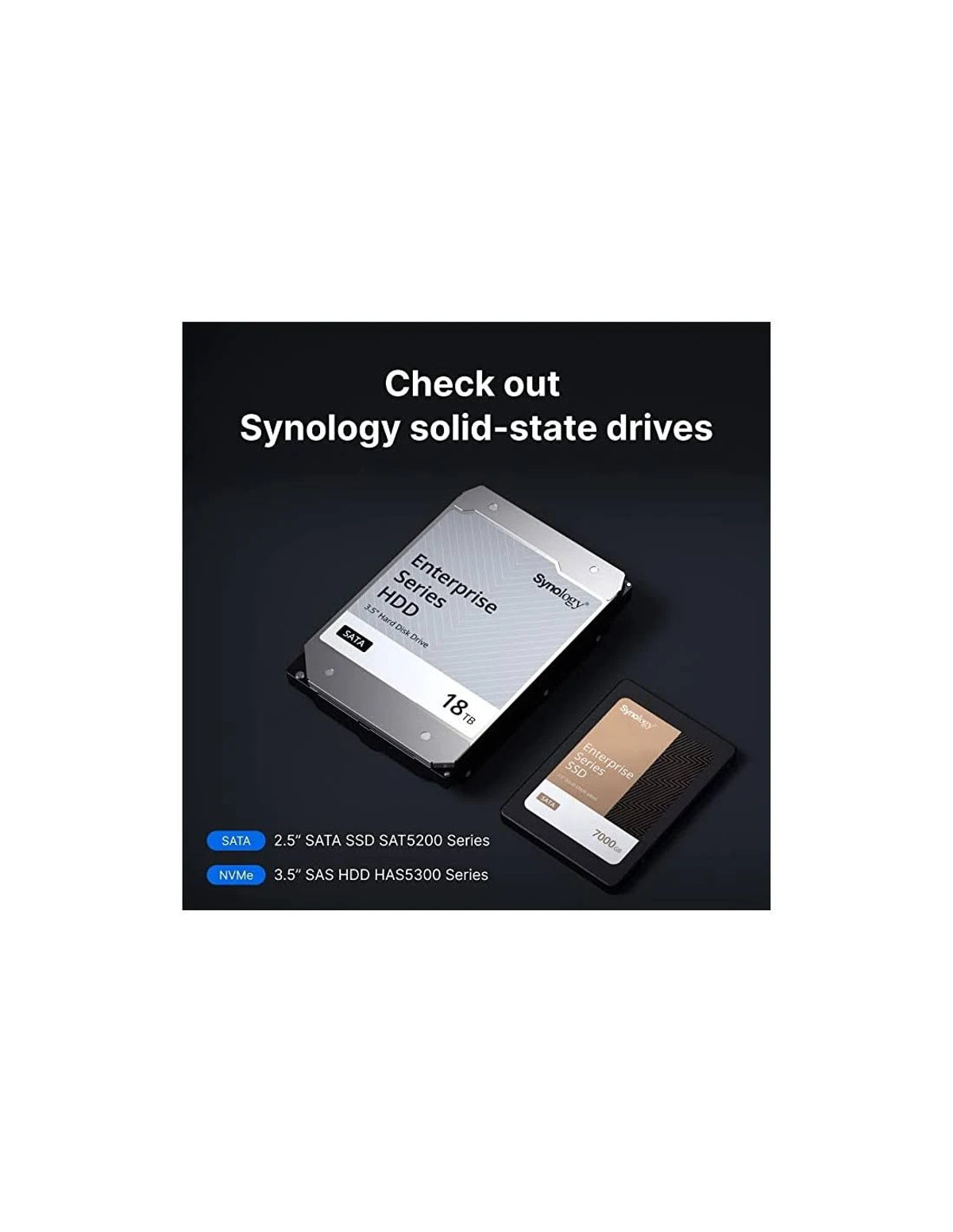 Dwa czarne i srebrne dyski SSD Synology na czarnym tle z tekstem.