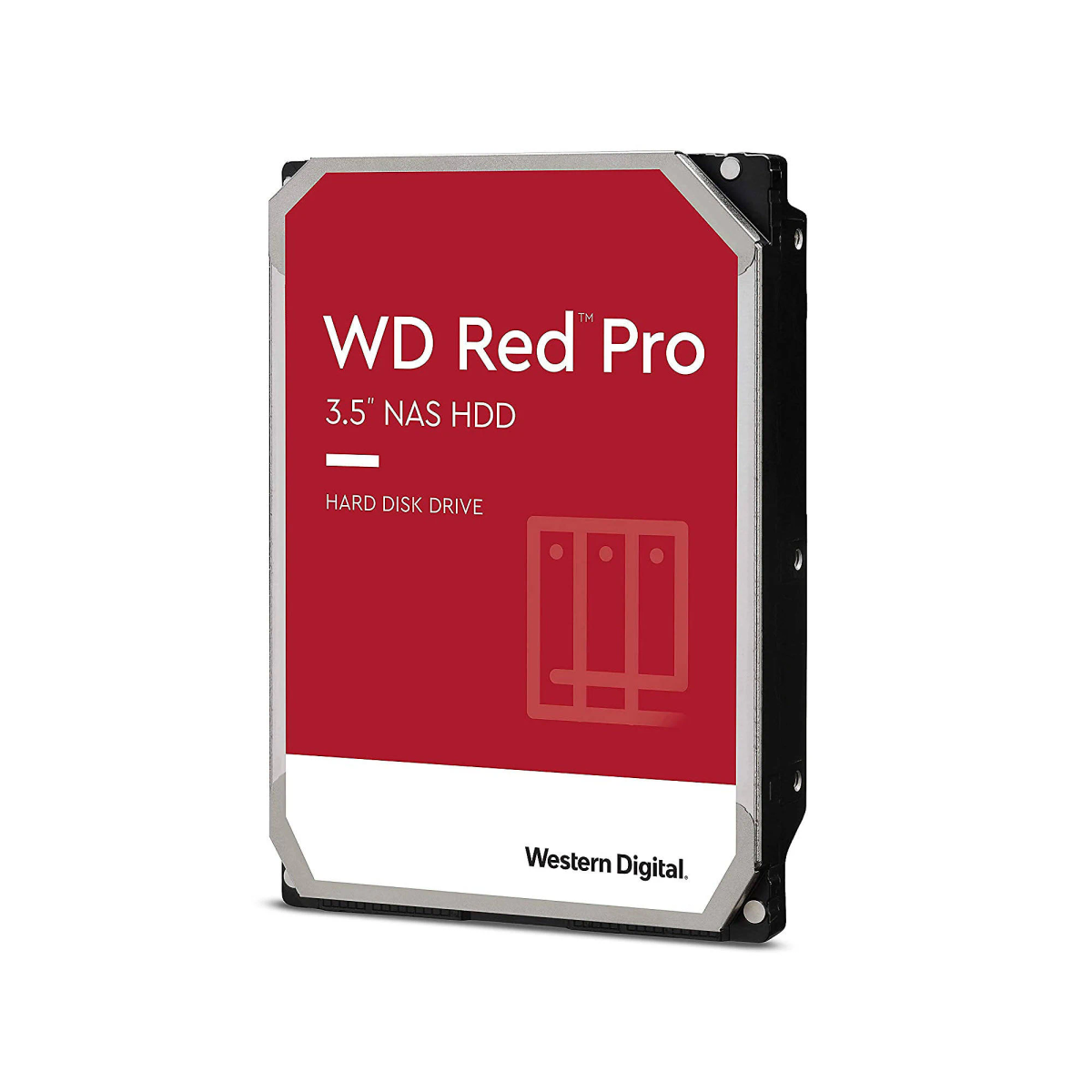 Disco rigido WD Red Pro. Etichetta rossa e bianca con testo e logo.