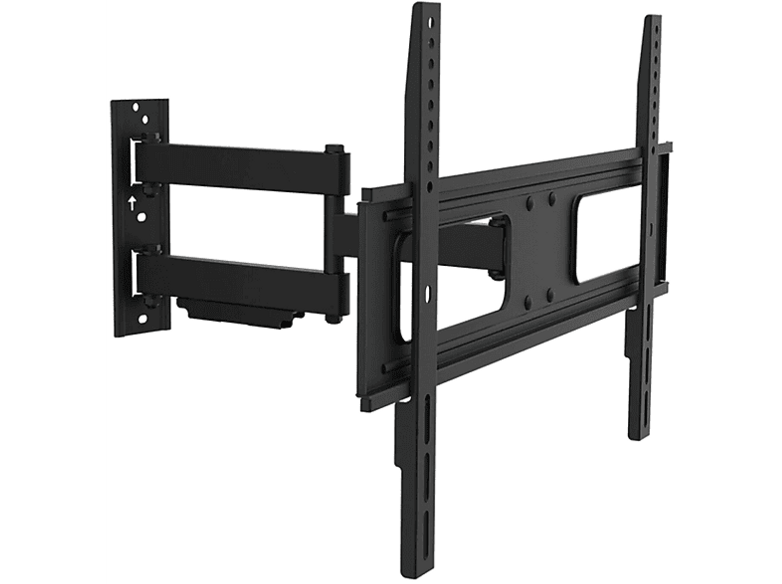 Schwarze TV-Wandhalterung mit verstellbaren Armen und Halterungen.