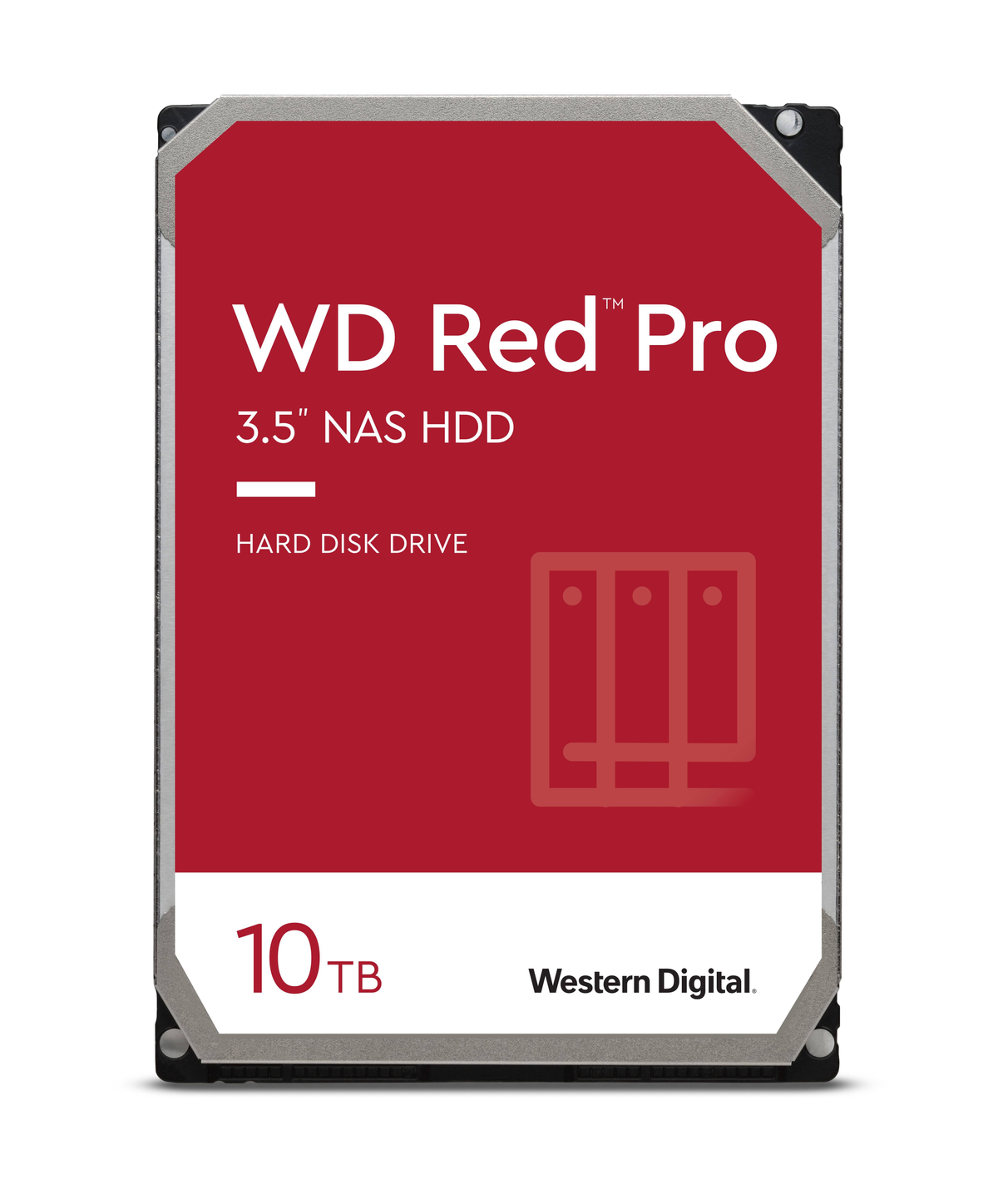 Un disco rigido WD Red Pro da 10 TB, con etichetta rossa e testo bianco.