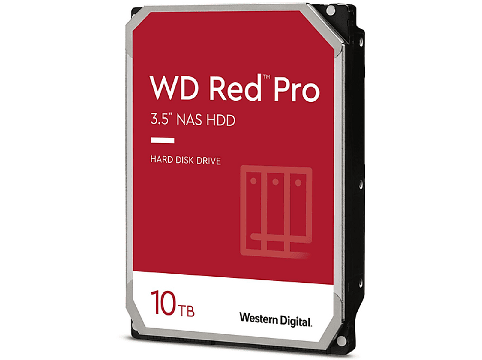 Un disco rigido WD Red Pro rosso con etichetta bianca, lati neri e capacità di 10 TB.