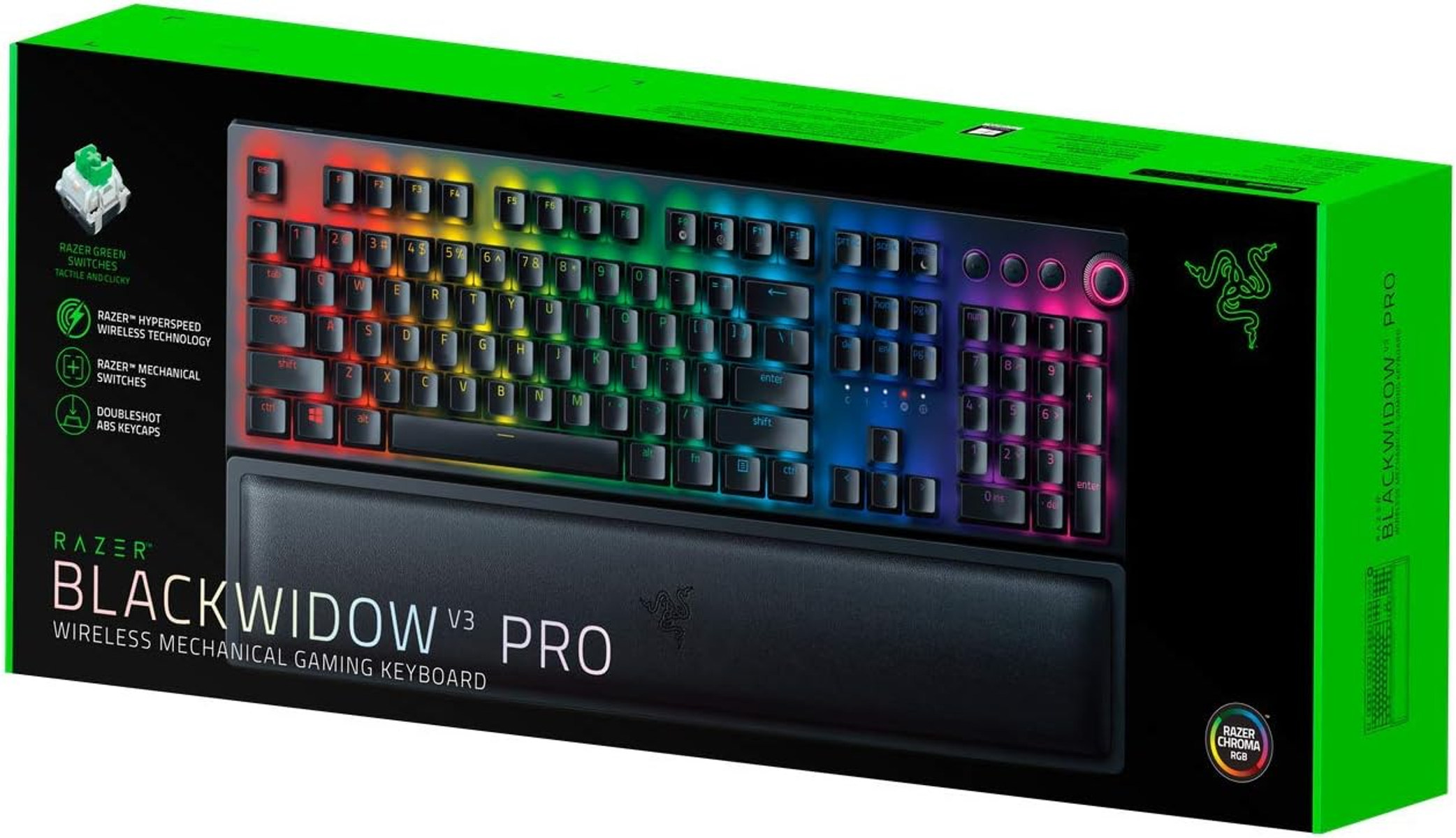 Pudełko klawiatury Razer BlackWidow V3 Pro. Zielono-czarny design.