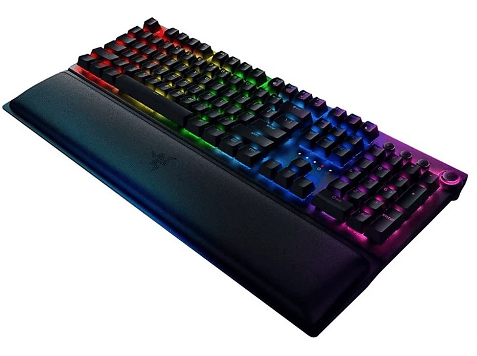 Klawiatura mechaniczna z tęczowym podświetleniem, czarnymi klawiszami i podpórką pod nadgarstek. Widoczna marka.