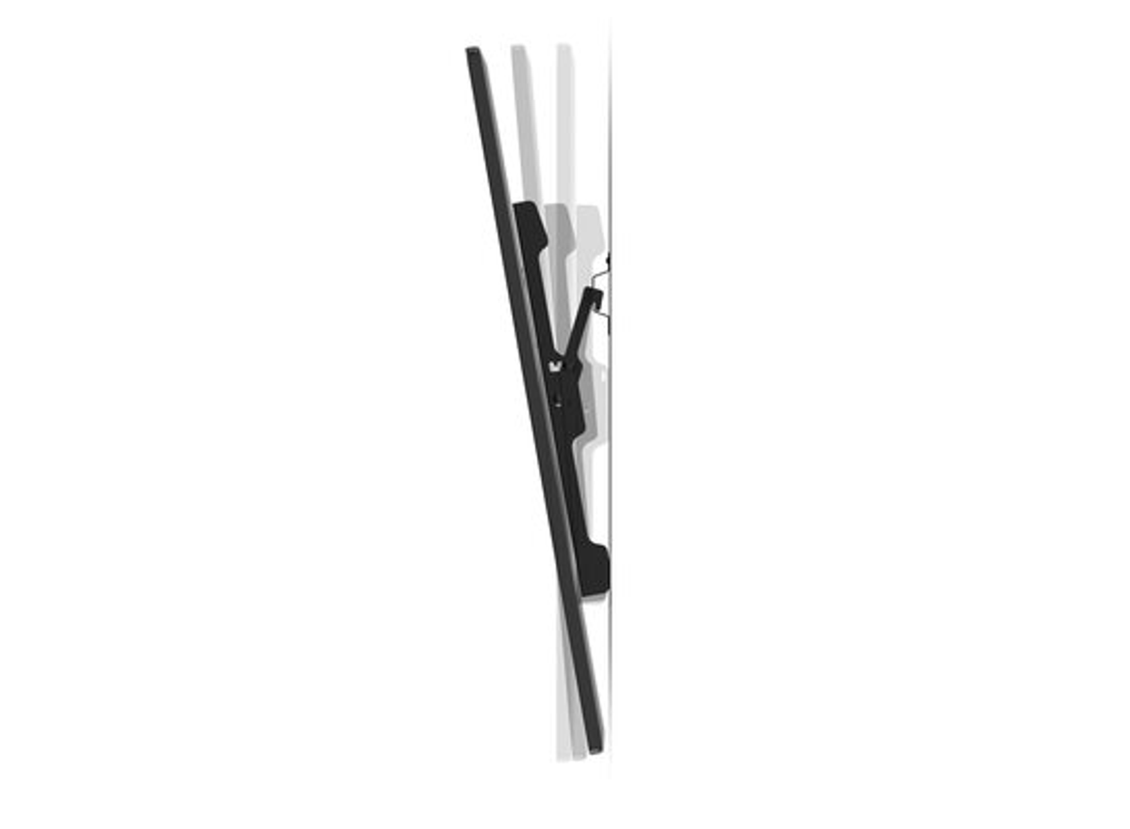 Eine schwarze Wandhalterung für einen Fernseher. Sie ist an einer weißen Wand montiert.