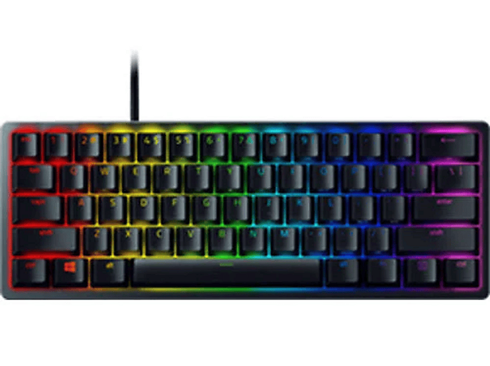 Mała klawiatura mechaniczna z tęczowymi światłami. Rama jest ciemna, a klawisze wielokolorowe.