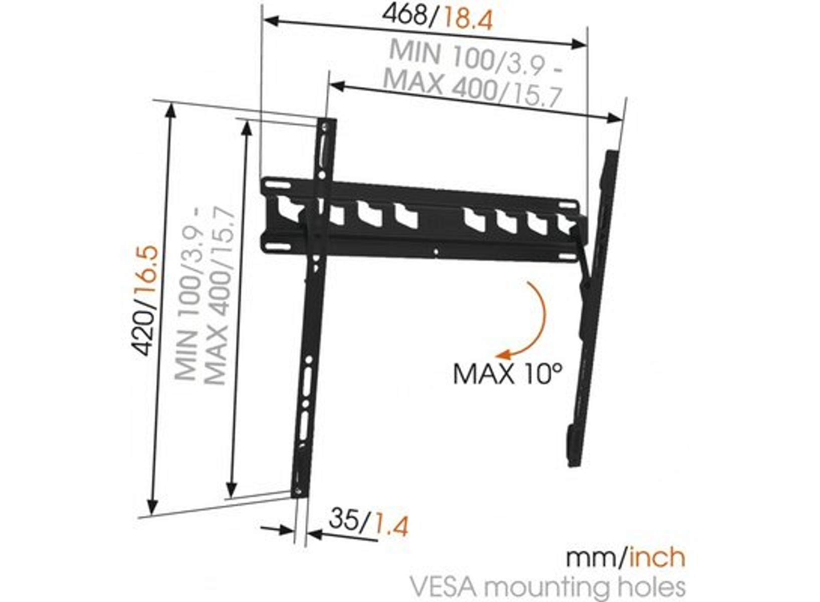Diagramm einer schwarzen TV-Halterung mit Abmessungen und Winkeln. Hat Befestigungslöcher und Maße in mm/Zoll.