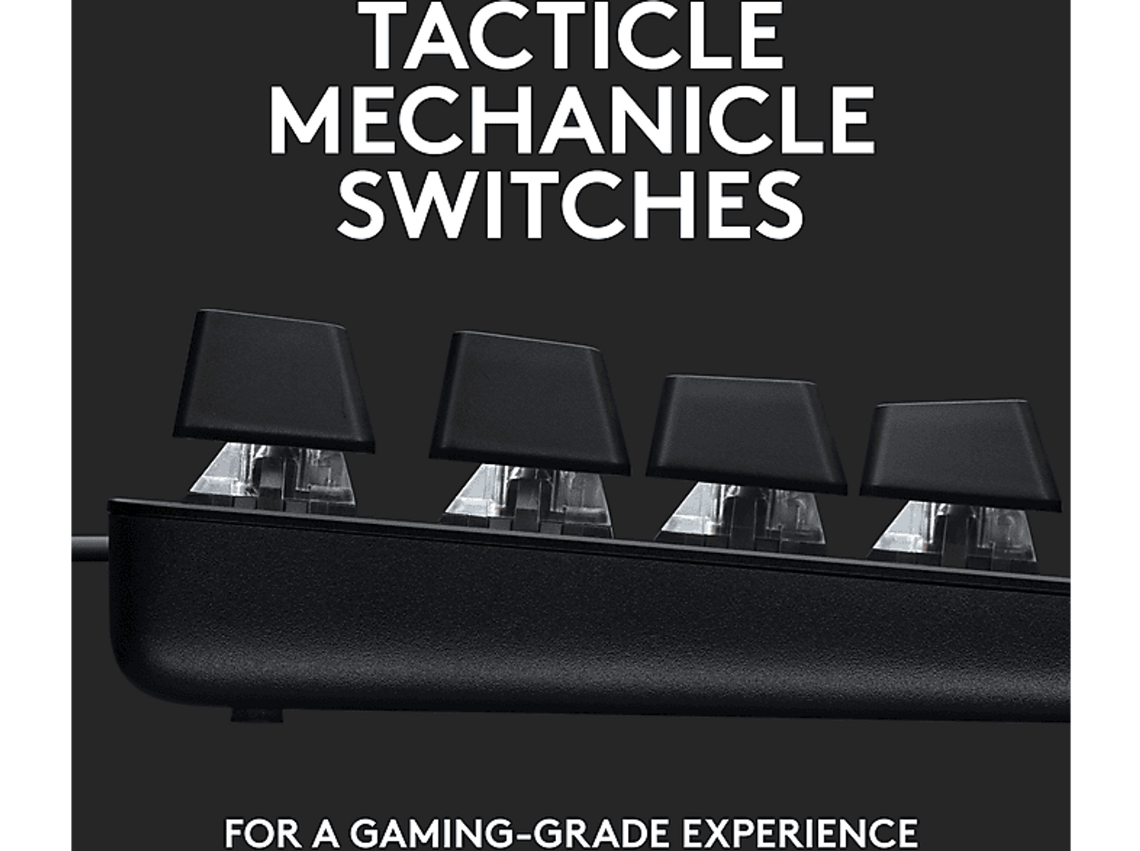 Zbliżenie klawiszy klawiatury. Pokazuje dotykowe przełączniki mechaniczne. Biały tekst brzmi Tactile Mechanicle Switches.