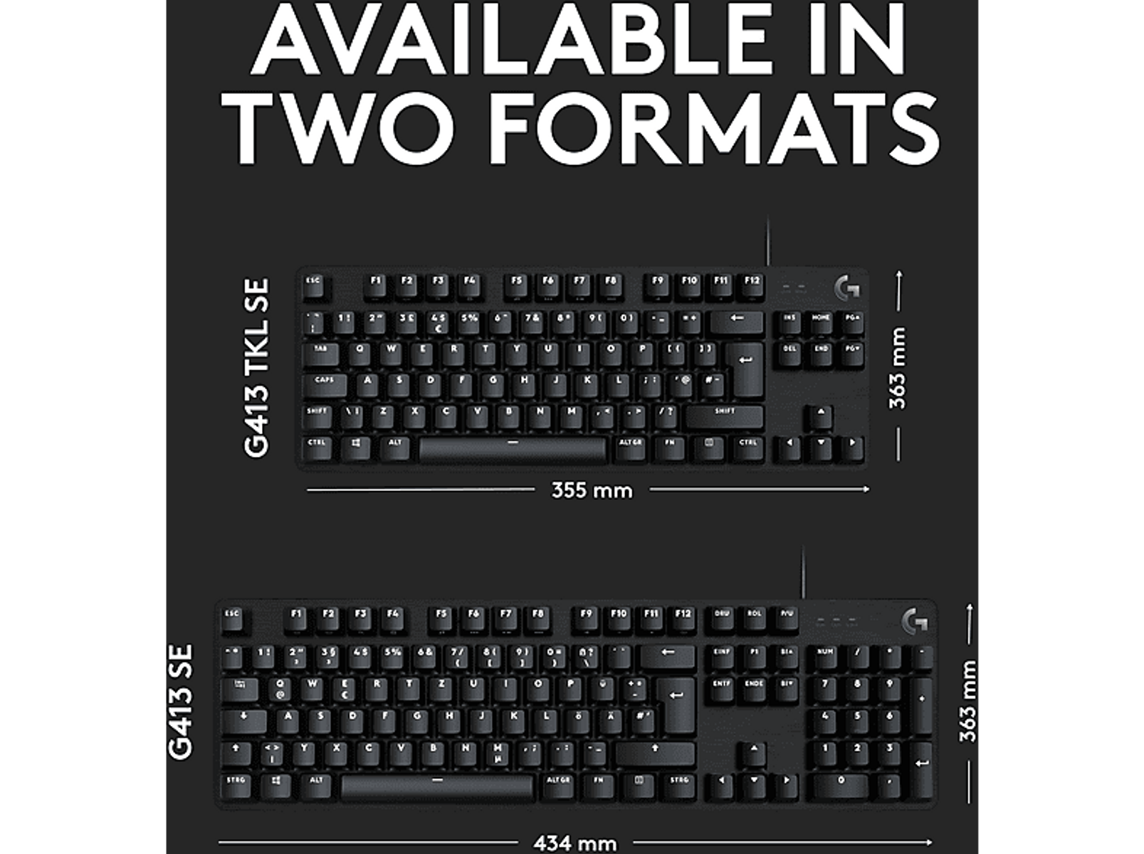 Dwie czarne klawiatury Logitech. Są wyświetlane z wymiarami na białym tle.