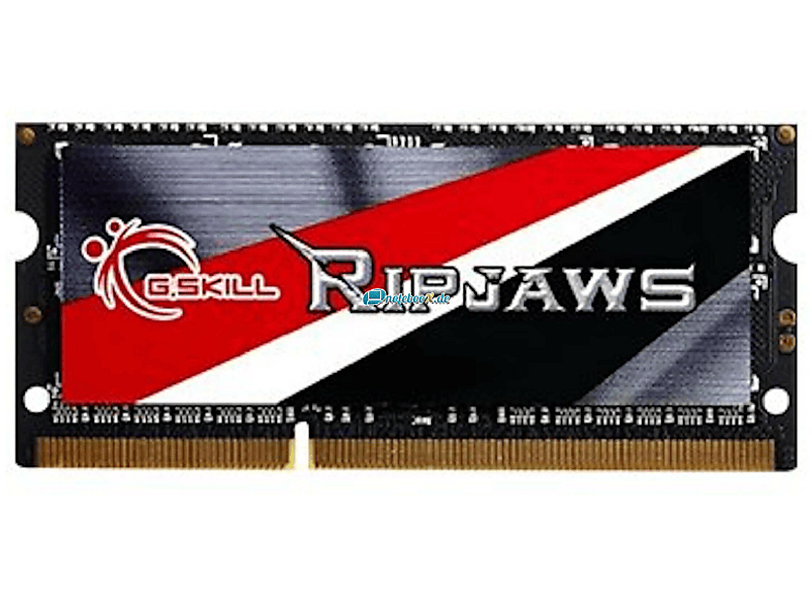 G.Skill Ripjaws RAM-Modul mit schwarzem, rotem und silbernem Design. Weißer Hintergrund.