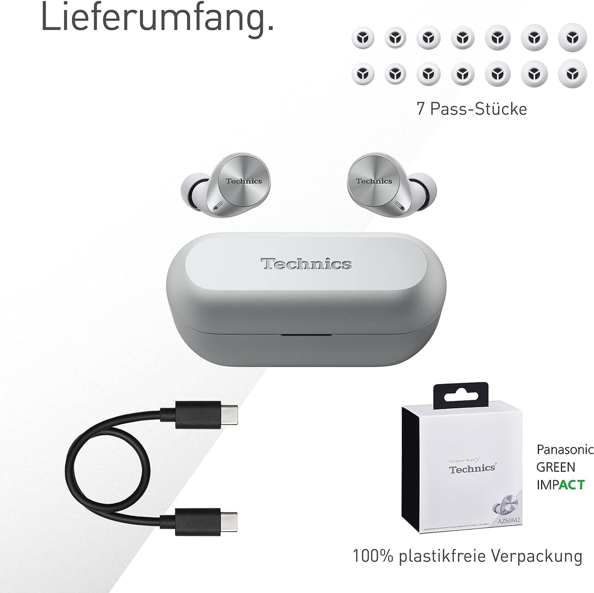 Das Bild zeigt Ohrhörer, ein Ladeetui, zusätzliche Spitzen, ein Ladekabel und eine Produktbox, alles auf weißem Grund.