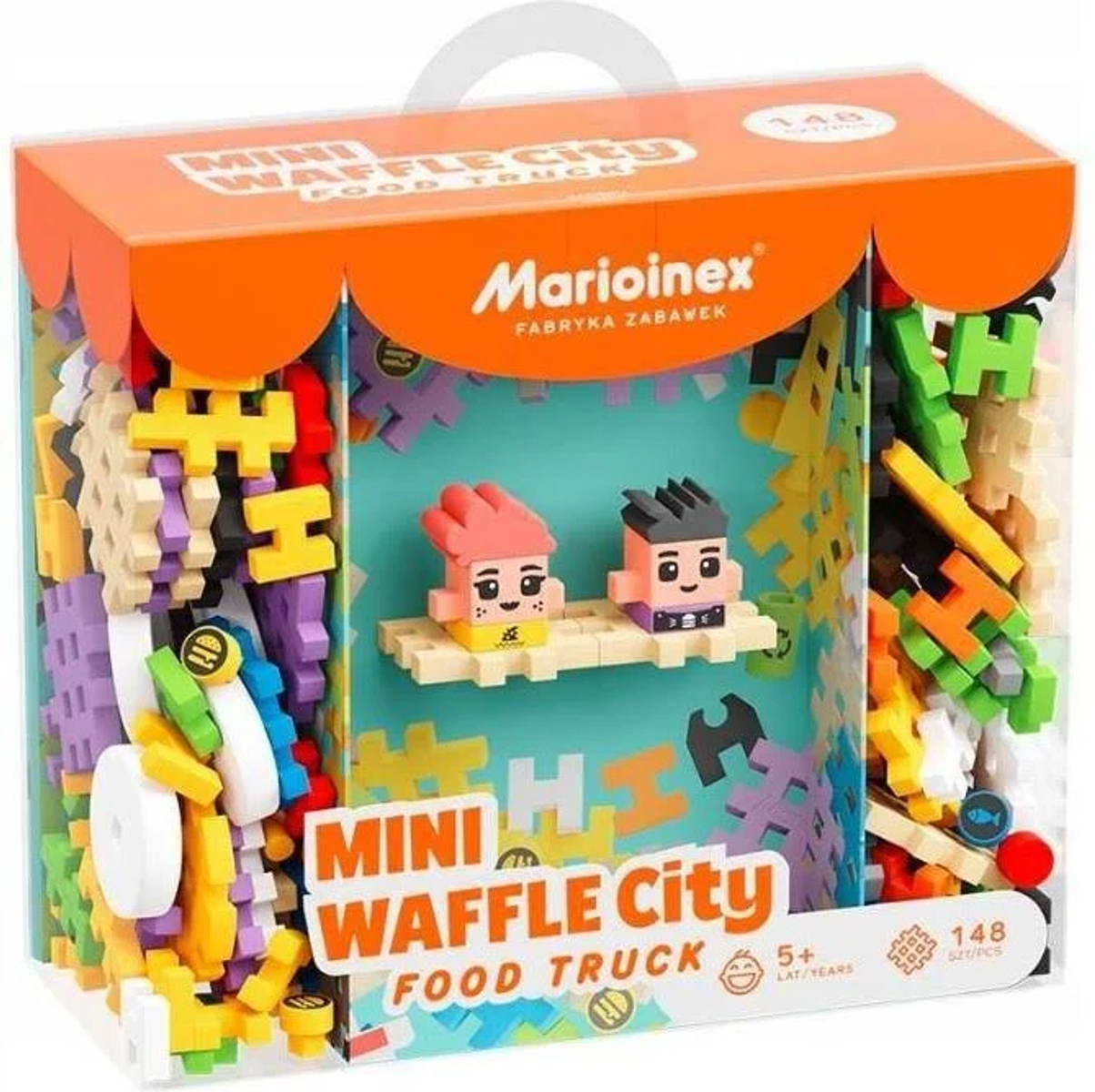 Zestaw zabawek z mini food truckiem w kształcie gofra. Widoczne kolorowe klocki i dwie mini-figurki.