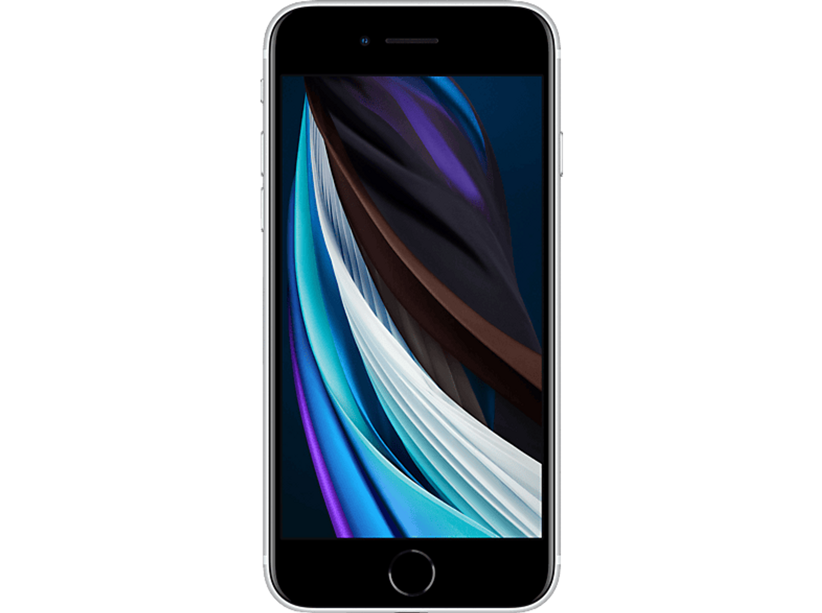 Czarny iPhone SE. Ekran wyświetla kolorowy, abstrakcyjny obraz.