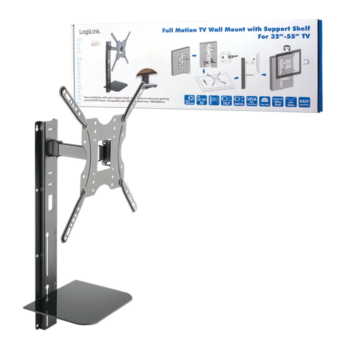 TV-Wandhalterung mit schwarzem Arm und Regal. Box zeigt TV-Montageanweisungen.