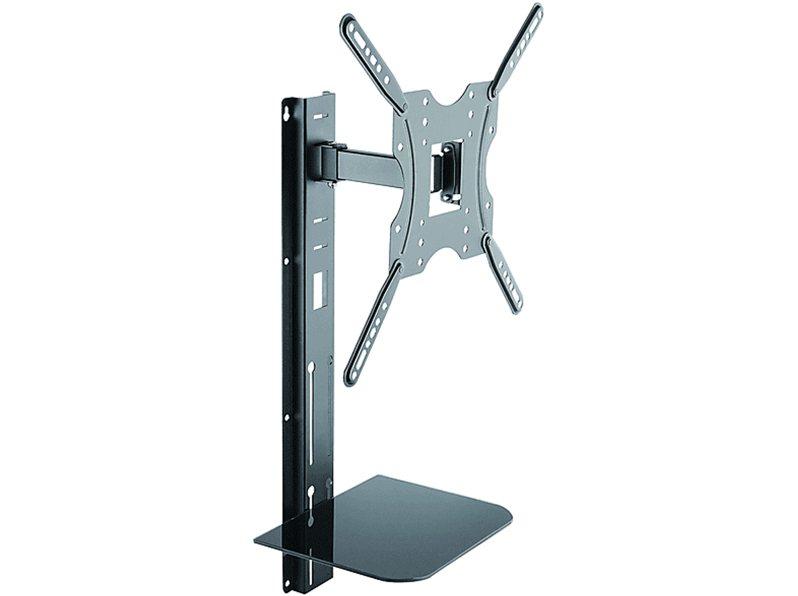 Schwarze TV-Wandhalterung mit Ablage. Montagehalterung, verstellbarer Arm und Glasablage sichtbar.