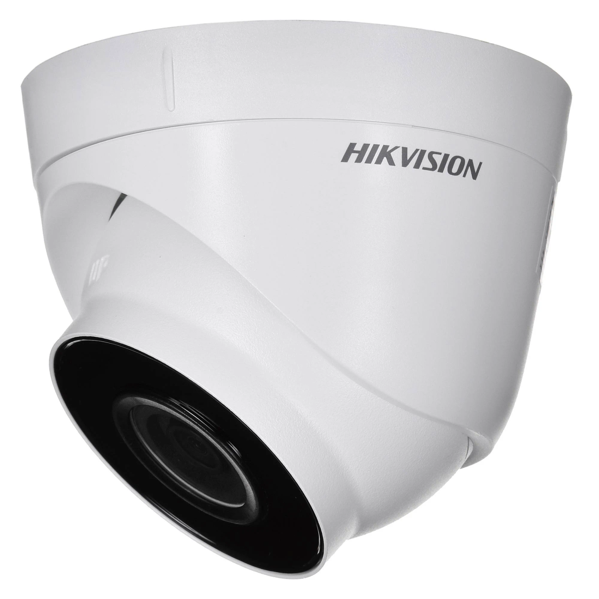 Una telecamera di sicurezza a cupola Hikvision bianca. Ha un'area dell'obiettivo nera e il nome del marchio.