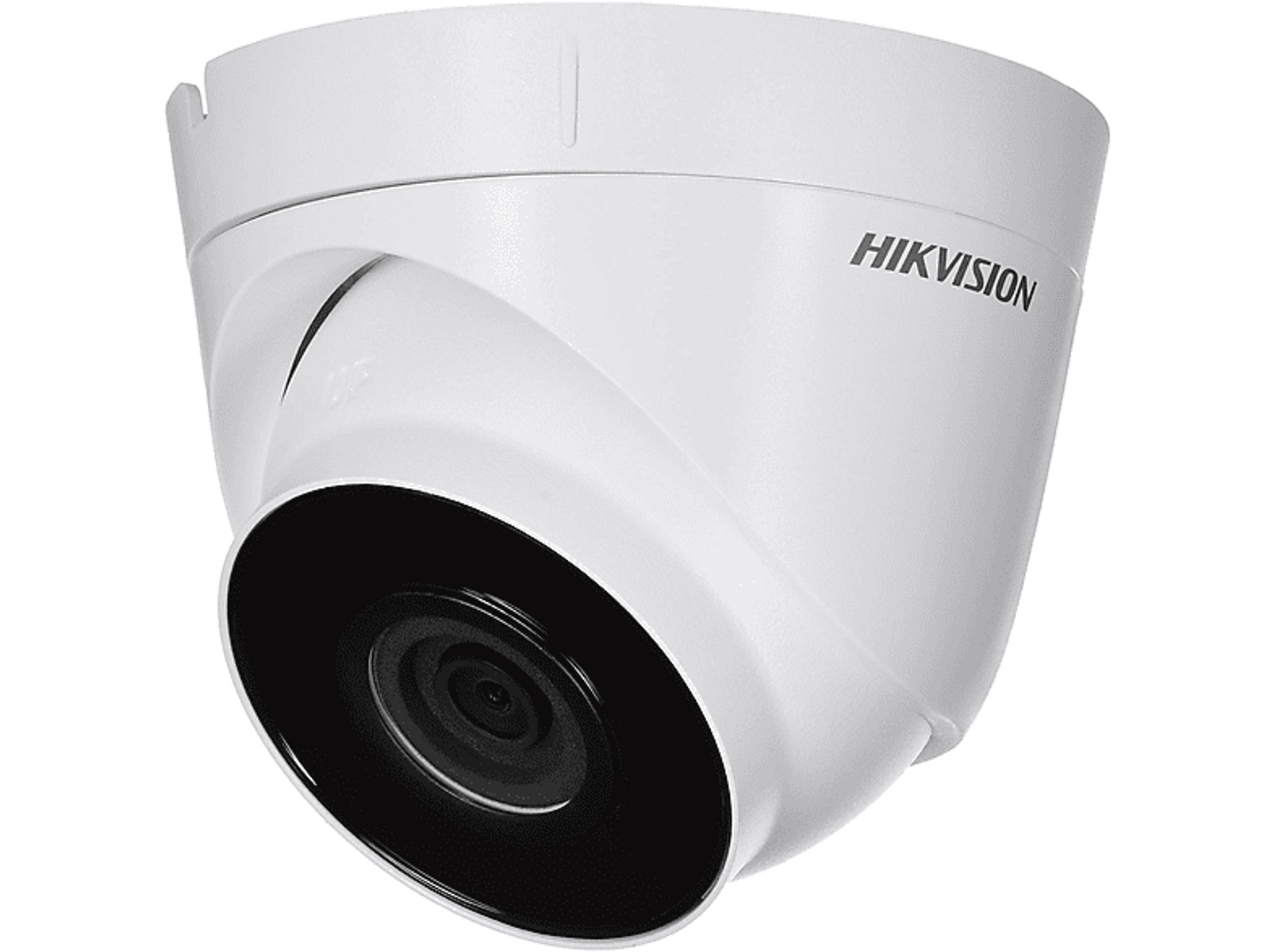 Telecamera di sicurezza a cupola bianca con obiettivo nero, isolata, vista angolata.