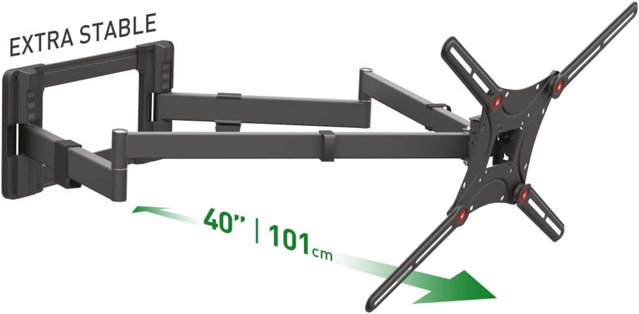 Un support mural pour téléviseur noir avec une flèche verte pointant vers une distance de 40 pouces et 101 cm.