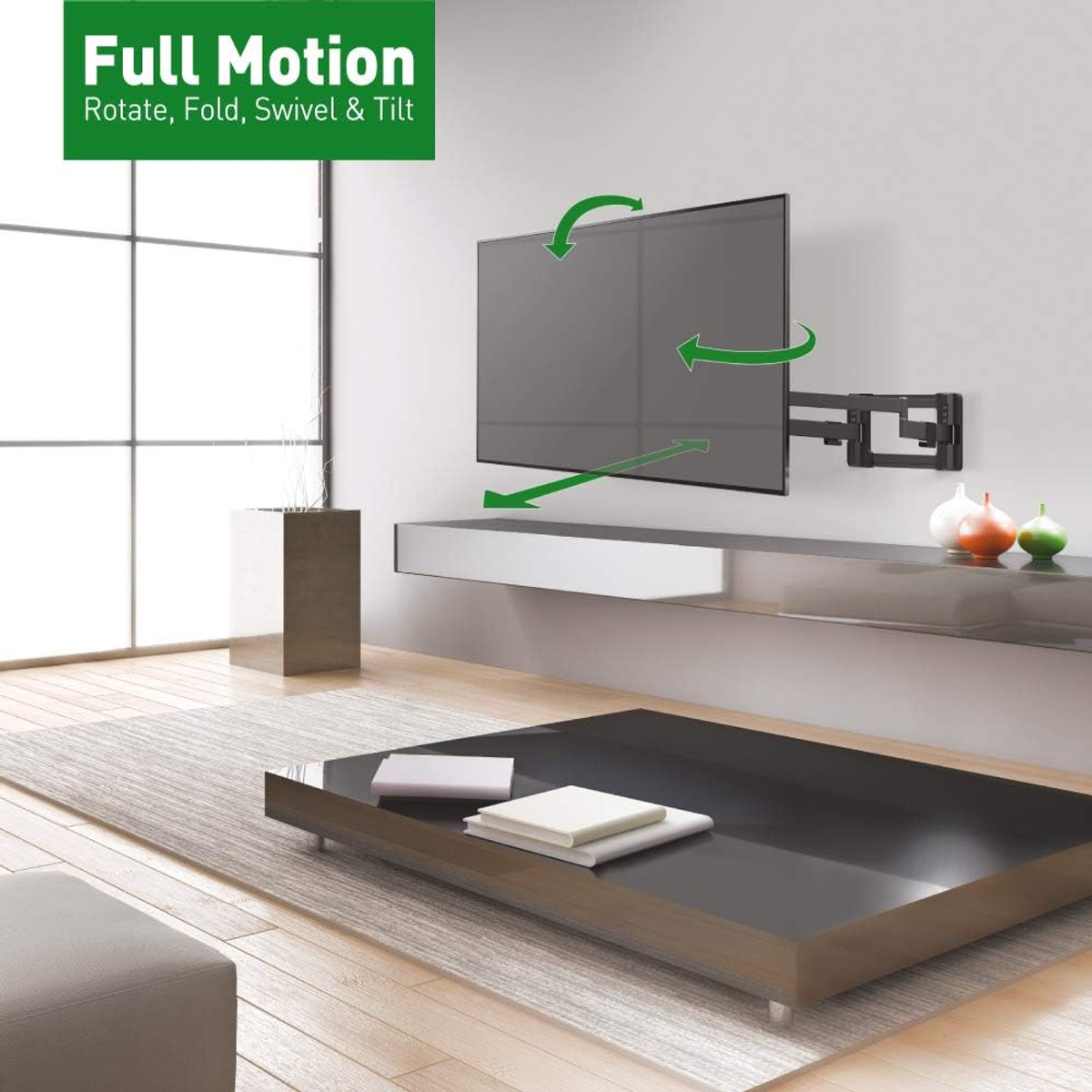 Un téléviseur monté sur un mur, avec des flèches indiquant différents mouvements. Salon moderne.