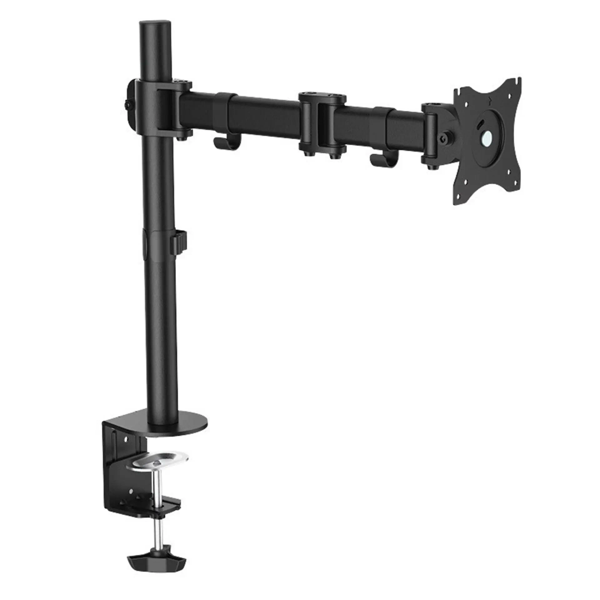 Schwarzer Monitorarm mit Klemmfuß. Er hat eine vertikale Stange und verstellbare horizontale Arme.