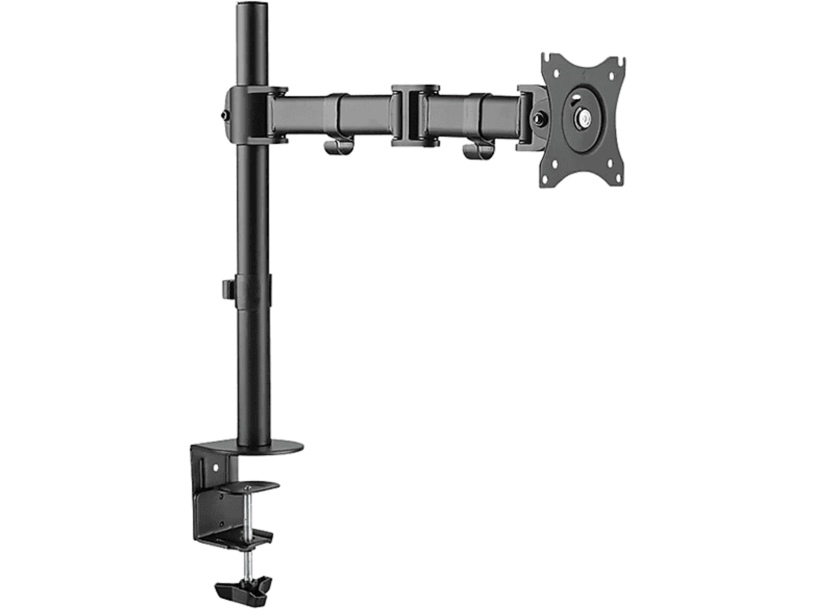 Schwarzer Monitorarm. Er ist auf einem Schreibtisch montiert. Er hat einen Arm und eine Klemmbasis.