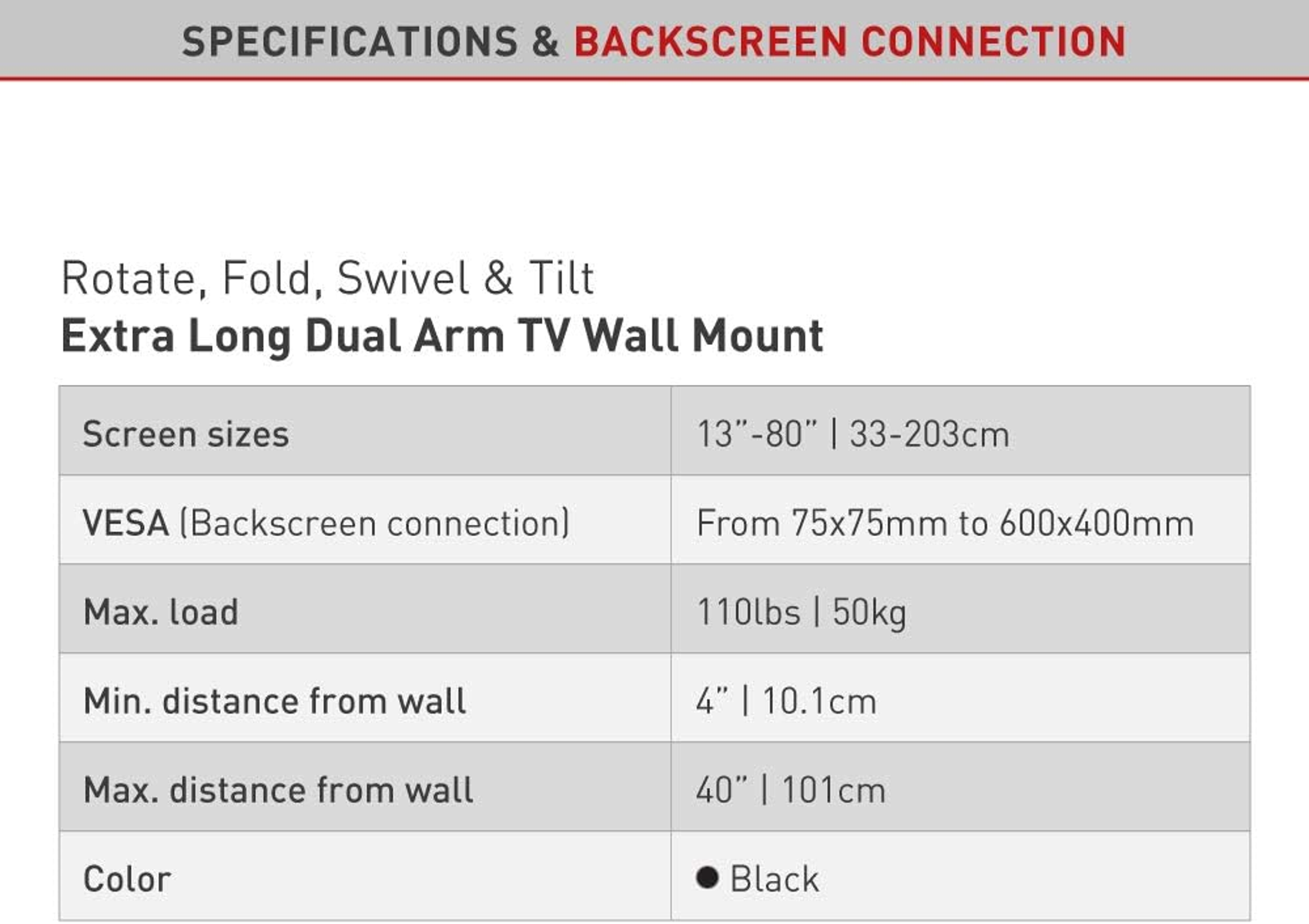 Tableau avec texte sur un support mural TV. Affiche les spécifications, y compris les tailles d'écran et la charge max.