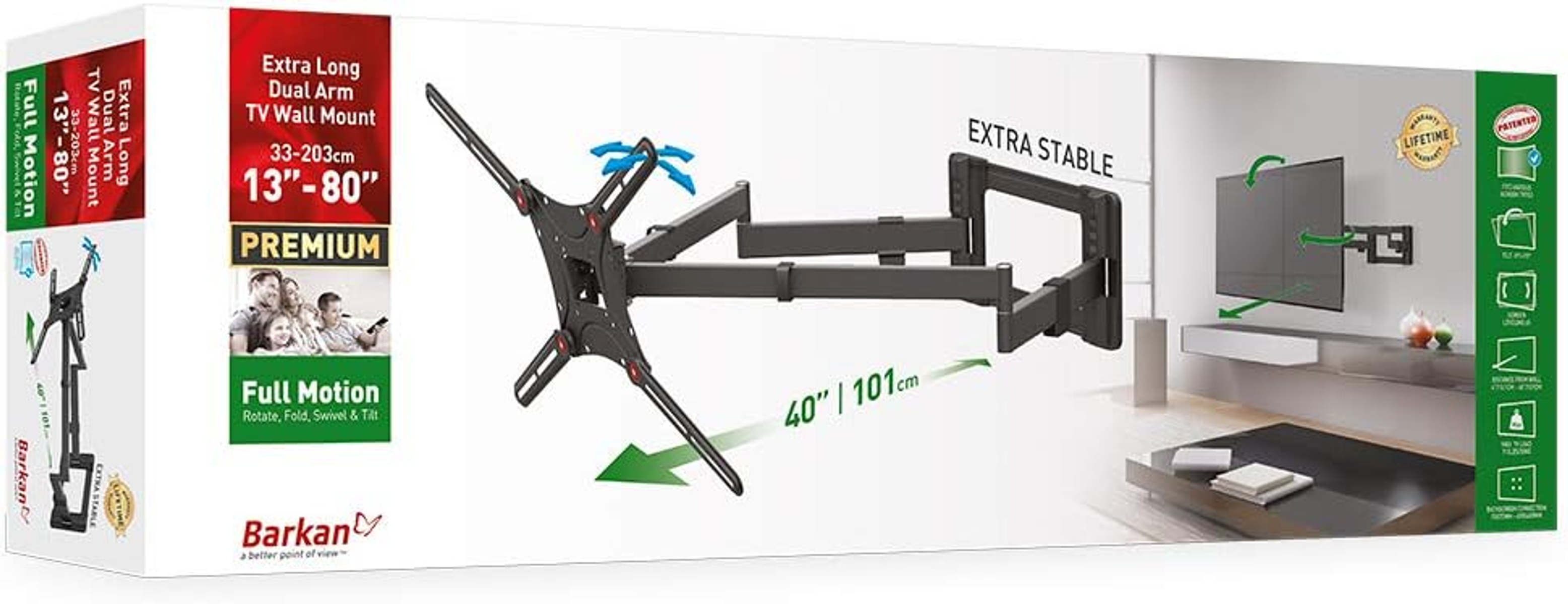 Boîte montrant un support mural TV et une TV. Étiquetée 'Extra Long Dual Arm' et 'Full Motion'.