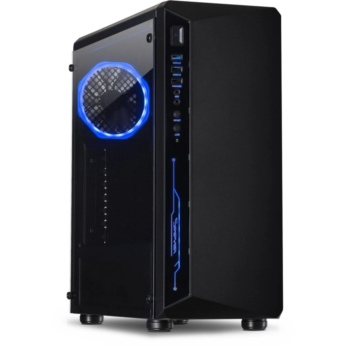 Un case per computer nero con una ventola illuminata di blu. Ha un pannello frontale con porte USB.