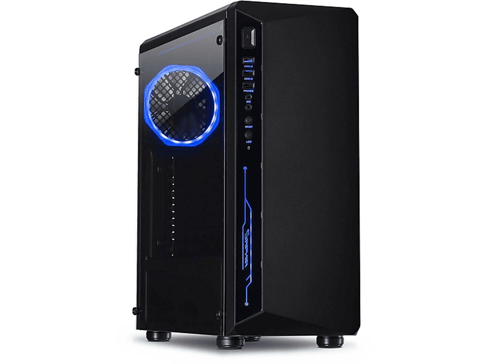 Case nero per computer con accenti di luce blu e una ventola. Il marchio è Sinphan.