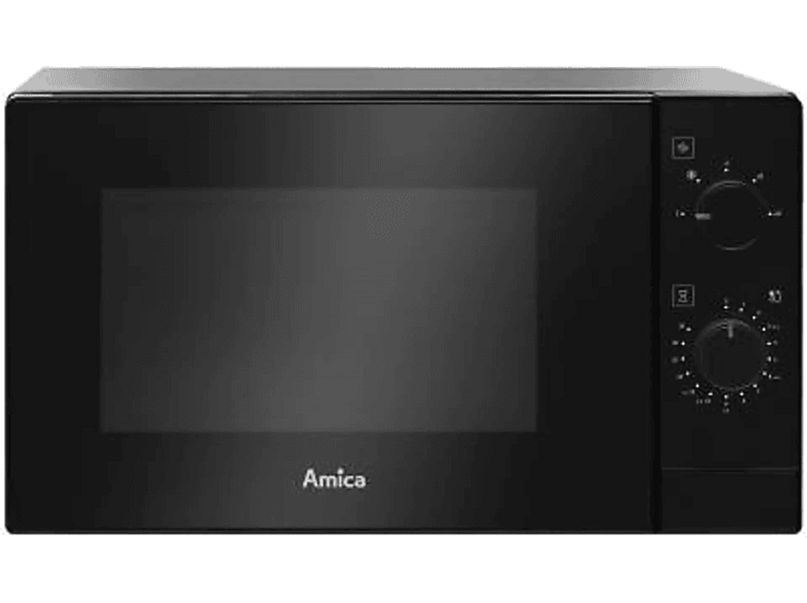 Czarna kuchenka mikrofalowa z przyciskami i wyświetlaczem. Marka Amica.