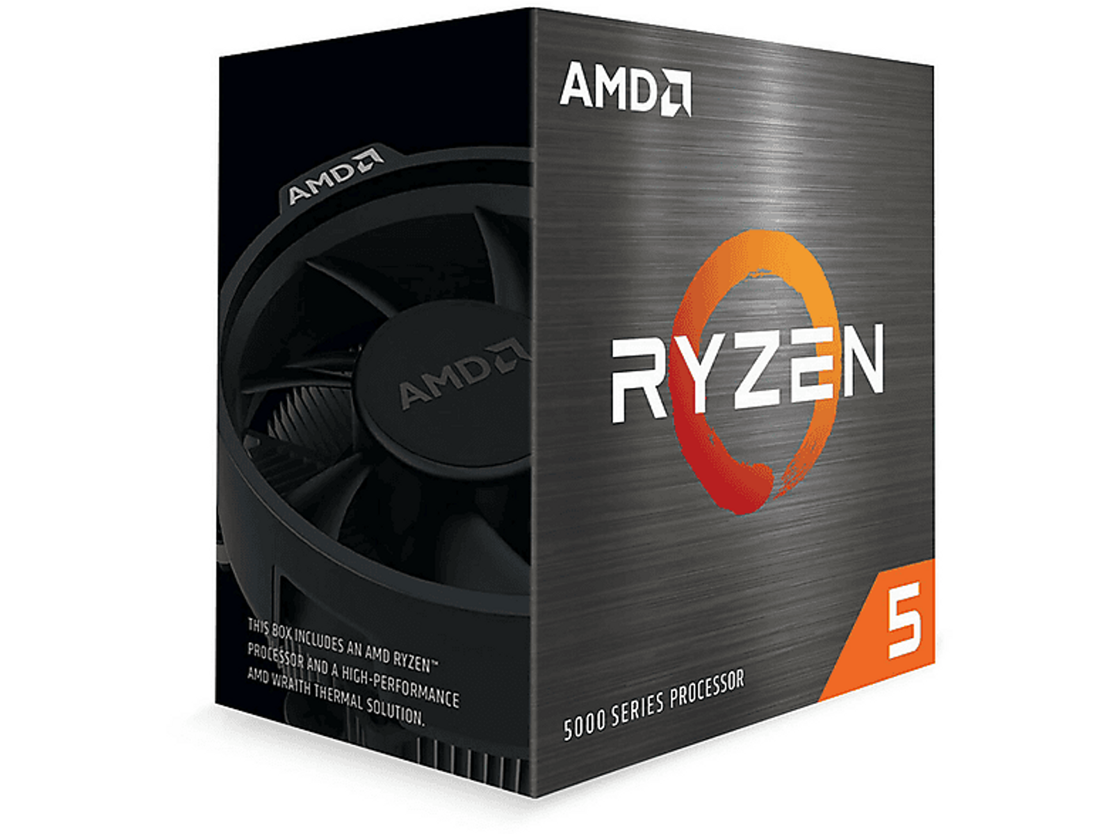 Pudełko procesora AMD Ryzen 5 z wentylatorem AMD na czarnym tle.