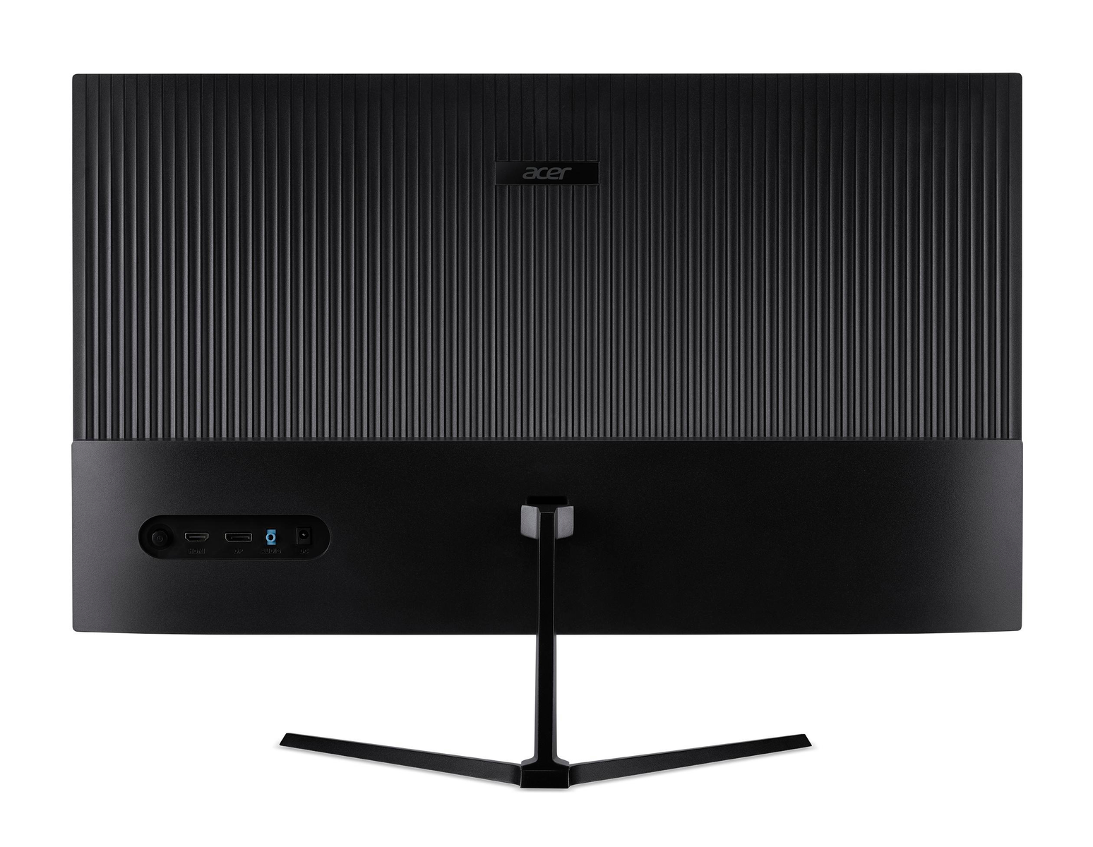 Tył czarnego monitora Acer z teksturowaną powierzchnią, portami i centralną podstawą.