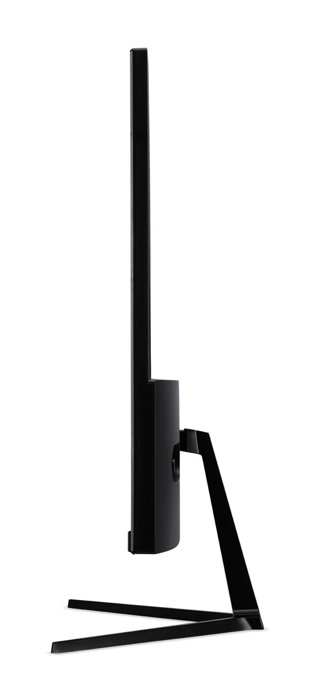 Czarny monitor komputerowy w profilu z cienką ramką i podstawą na białym tle.