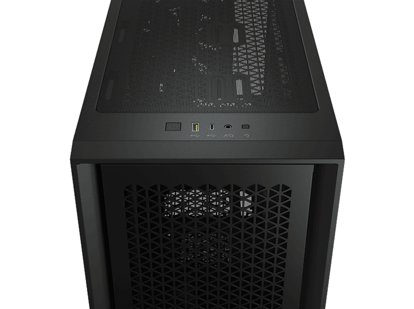 Czarny panel przedni obudowy komputera, z USB i innymi portami oraz siatkowym wzorem.