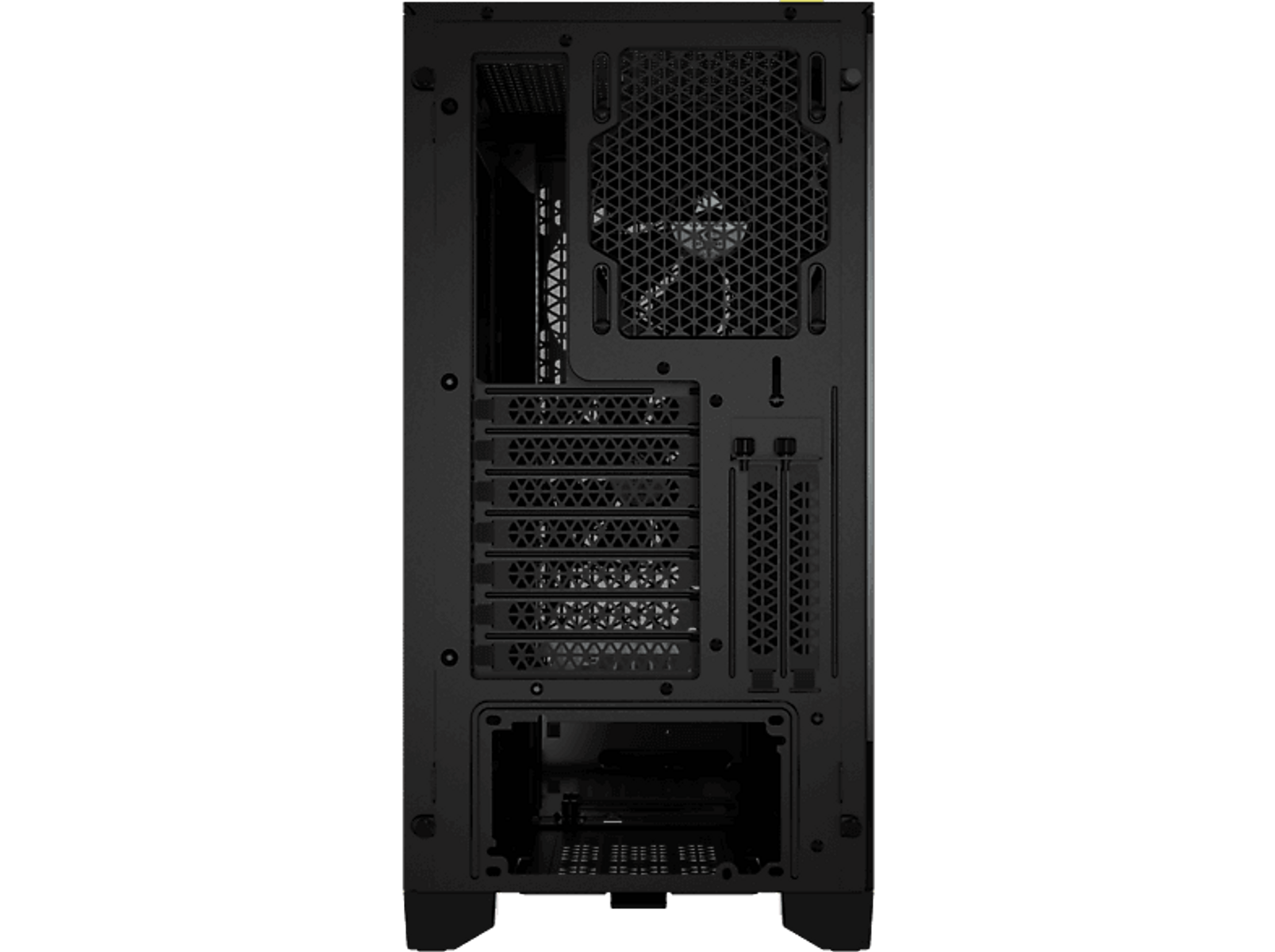 Tył czarnej obudowy komputera. Pokazuje wentylację, porty i otwory na komponenty.