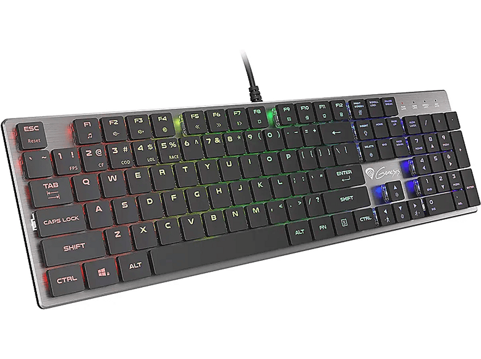 Srebrna klawiatura z podświetleniem RGB. Czarne klawisze z białymi literami. Białe tło.