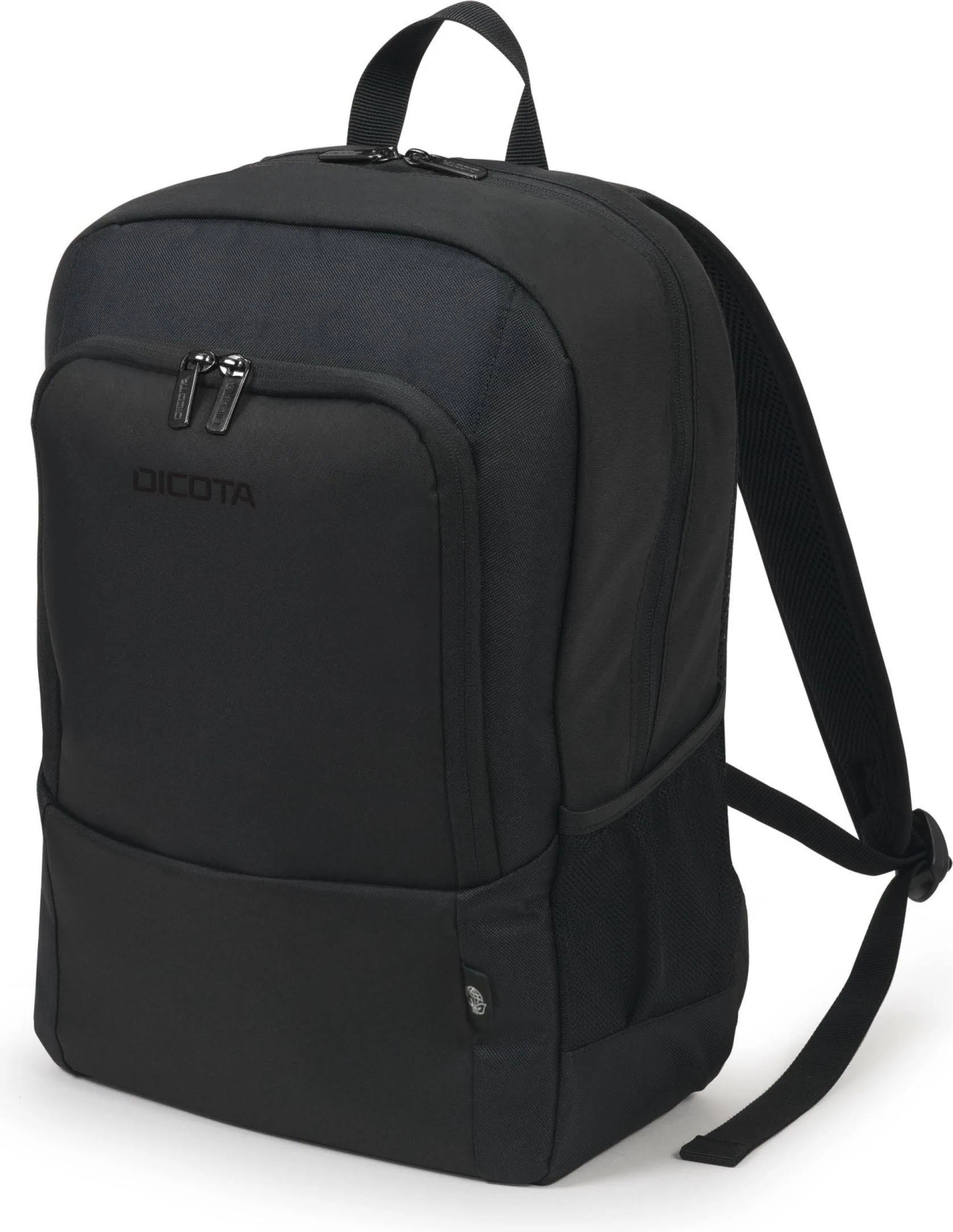 Ein schwarzer Rucksack mit dem Dicota-Logo. Er hat eine Vordertasche und eine seitliche Netztasche mit schwarzen Trägern.