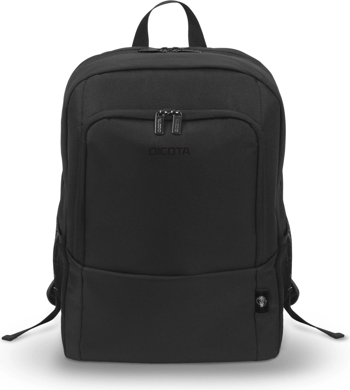 Schwarzer Rucksack mit Vordertasche, Dicota-Logo und seitlichen Netztaschen.