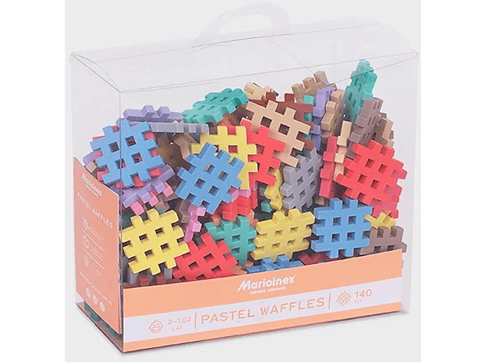 Transparente Plastikbox gefüllt mit bunten, waffelförmigen Spielzeugen. Text: 'PASTEL WAFFLES'.