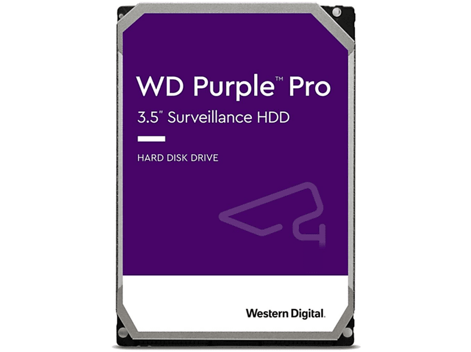 Disco rigido viola e bianco con testo, WD Purple Pro e icona telecamera di sorveglianza.