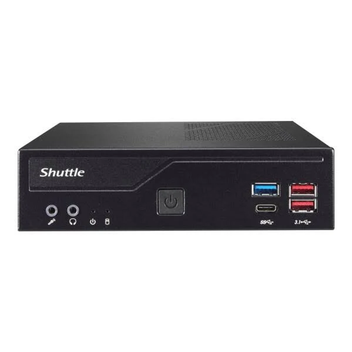 Schwarzer Shuttle Mini-PC mit Frontanschlüssen. Er hat einen Power-Button und USB-Anschlüsse.