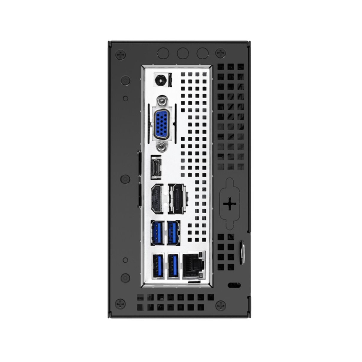 Rückseite eines Small-Form-Factor-PCs. Zeigt verschiedene Anschlüsse und Belüftungslöcher.