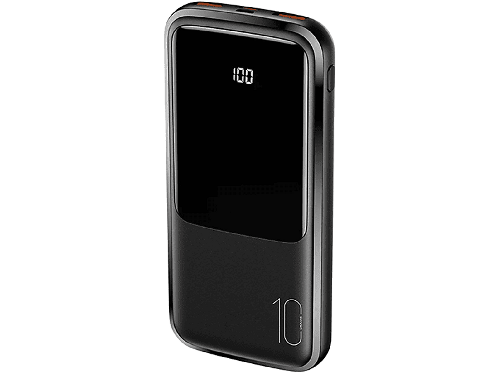 Power bank nero con display che mostra 100 e il numero 10 sul lato.