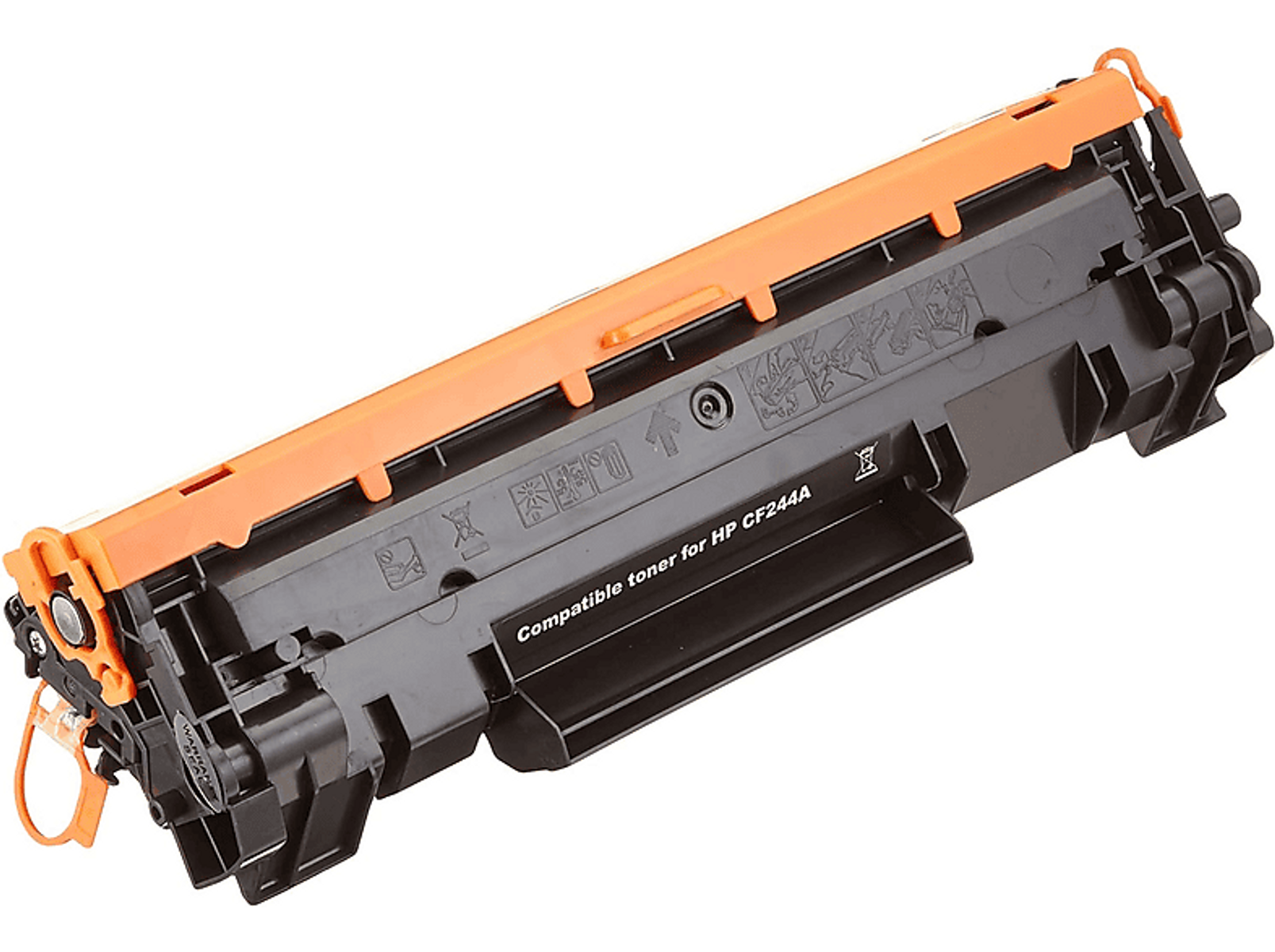 Pomarańczowo-czarny wkład z tonerem do drukarki. Kompatybilny z HP CF244A. Widok z góry.