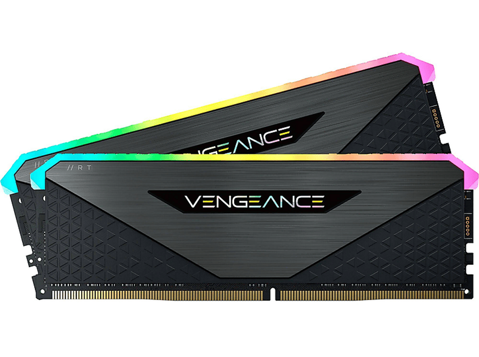 Dwa czarne moduły RAM z podświetleniem RGB. Marka to Vengeance. Każdy ma radiator.